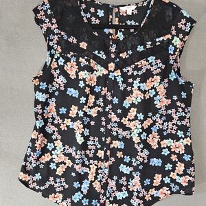 Candies Y2K Womens XL Vneck Blouse Shirt Black Floral Feminine Lace Flounce